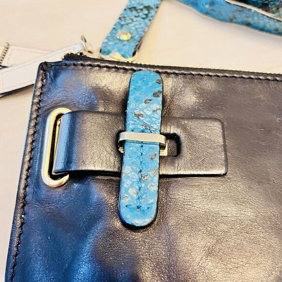 Vintage Francesco Biasia Black Leather Crossbody Bag Blue Python Strap Y2K Italy - Picture 6 of 16